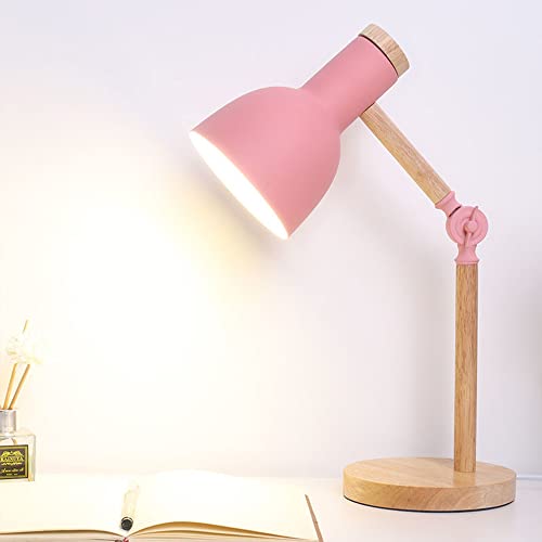 E27 Holz Tischleuchte Verstellbarer Kopf Schreibtischlampen Einfache Vintage Büro Studieren Leseleuchte Retro Kinder Lernlampe Schlafzimmer Arbeitszimmer Nachttischlampe Tischbeleuchtung (Rosa) von Chao Zan