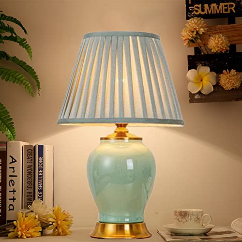 Handbemalte glasierte Keramik-Tischlampe Stil Retro-Porzellan-Schlafzimmer-Nachttischlampe mit Stoff Tischleuchte Lampenschirm Schreibtischlampe für Schlafzimmer Beistelltisch Büro-Nachtlampe von Chao Zan