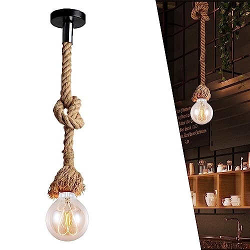 Hanf Seil Single Pendelleuchte, Vintage Seil Lampen Hanfseil Seil Lampe E27 Hängeleuchte Seilleuchte Edison Lampen Hanfseil Hängelampe DIY Kronleuchter für Cafe Restaurant Bar Industrie Retro (100cm) von Chao Zan