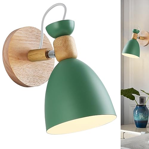 Holz Wandleuchte, Innen Wandlampe Wandspot Nachttischlampe Kinderzimmer Leselampe Wandstrahler E27 Einstellbar Weiß Metall Schirm Wandbeleuchtung Schlafzimmer Bett Nachtlicht Für Wohnzimmer (grün) von Chao Zan