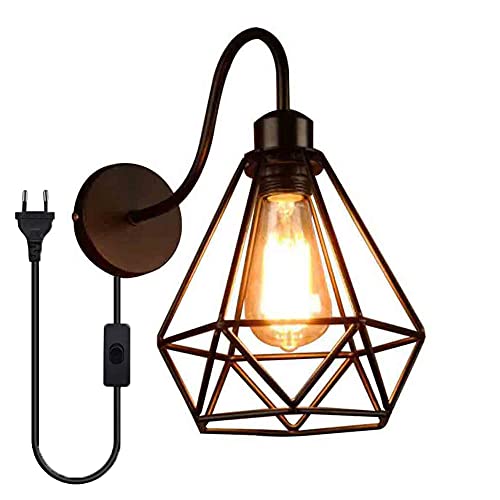 Industrielle Wandleuchte Retro Wandleuchte Diamant Design aus Metall, E27 Wandlampe Innen Vogelkäfig aus Eisen mit Schalter und Stecker Wandlampe für Schlafzimmer Wohnzimmer Flur Küche, Schwarz von Chao Zan