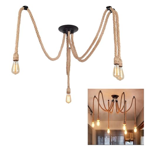 Industrielles Textilkabel Pendelleuchte - 150cm Meter Retro DIY Vintage Hanfseil Spinne Kronleuchter E27 Lampenfassungen für das Speisen, Halle, Restaurant, Stab,Café,ohne Lichtquelle (4 Köpfe) von Chao Zan