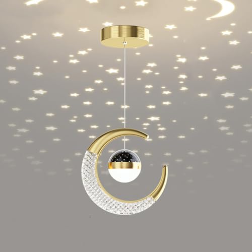 Kreativer Stern-Kronleuchter, warmes Nachttisch-Schlafzimmer, LED-Lampe, Pendelleuchte mit Mond- und Sternprojektion, 10W Hängebeleuchtung Deckenlampe Hängelampen Schlafzi (Gold (Warmweiß 3000K)) von Chao Zan