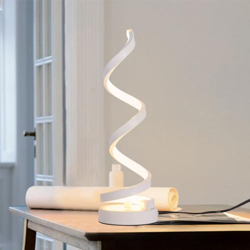 LED Nachttischlampe Warmweiß, Tischleuchte, Moderne Spiral, Metall Dekolampe, Tischlampe Schreibtischlampe Golden Minimalistische Metall für Arbeitszimmer Wohnzimmer Kinder Schlafzimmer (weiß) von Chao Zan