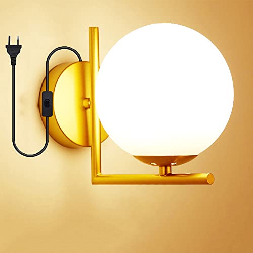 Modern Golden Schlafzimmer Wandleuchte Glas kugel Wandlampe mit Schalter Stecker E27 Glaskugel Wand-Lampe Schirme Bett Leselampe Wandmontage Nachttischlampe für Wohnzimmer Flur Landhaus (Gold) von Chao Zan