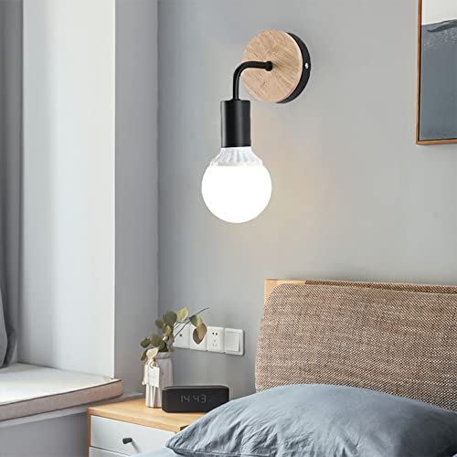 Nachttischlampe Wandleuchten Modern Holz Metall Wandleuchte Innen Retro Einfach Kreativität Eisen Wand Lampen Leuchte Industrielampe E27 LED für Schlafzimmer Wohnzimmer Esszimmer Küche (Schwarz) von Chao Zan