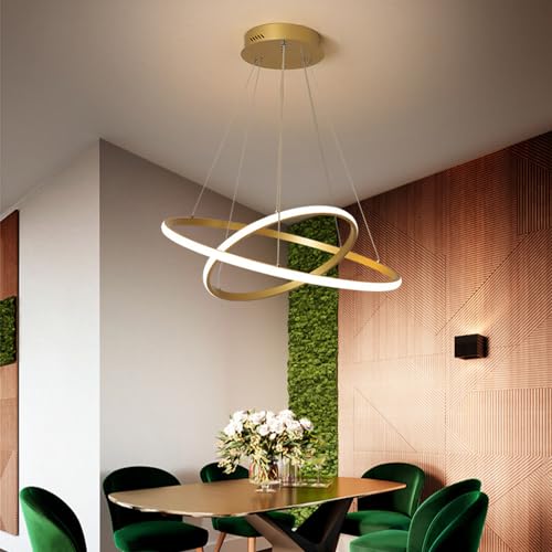 Pendelleuchte Moderne Esstisch LED Hängelampe Ring Pendellampe Restaurant Hängeleuchte Höhenverstellbar rund Deckenleuchte höhenverstellbar Esstisch Für Wohnzimmer Esszimmer Kronleuchte (Golden) von Chao Zan