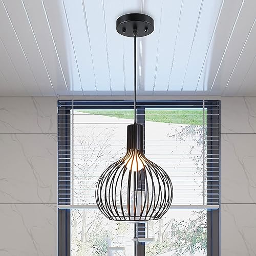 Pendelleuchte Moderne Hängelampe Käfig-Form Lampenschirm Retro E27 Lampe aus Metall Kronleuchter Eisen Retro Kreativ Hängeleuchte Deckenleuchte Pendellampe Schlafzimmer Wohnzimmer Küche, Schwarz von Chao Zan