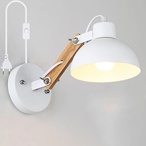 Retro Wandleuchte Verstellbar Holz Schwenkbar Wandlampe Metall Lampenschirm Wand-Leselampe Bettlampe Innen E27 Nachtlicht Wandspot Mit Schalter Stecker für Schlafzimmer Nachttisch Wohnzimmer (weiß) von Chao Zan