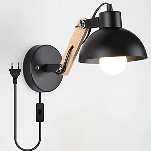 Retro Wandleuchte Verstellbar Holz Schwenkbar Wandlampe Metall Lampenschirm Wand-Leselampe Bettlampe Innen E27 Nachtlicht Wandspot Mit Schalter Stecker für Schlafzimmer Nachttisch Wohnzimmer (Schwarz) von Chao Zan