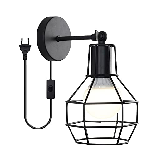 Vintage Käfig Wandleuchte mit Schalter Stecker und 1.8m Kabel Wandlampe Innen Retro Industrie Design Metall Eisen Lampen Schirm Schwarz E27 Rustikal Schlafzimmer Wohnzimmer Korridor Küche Restaurant von Chao Zan