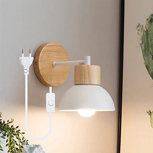 Wandlampe Holz Wandleuchte E27 Wandbeleuchtung Leselampe Innenwandleuchte Eisen Wand Strahler mit Schalter und Stecker Lampenschirm Innen Schlafzimmer Wohnzimmer Flur Küchen Esszimmer Nacht (Weiß) von Chao Zan