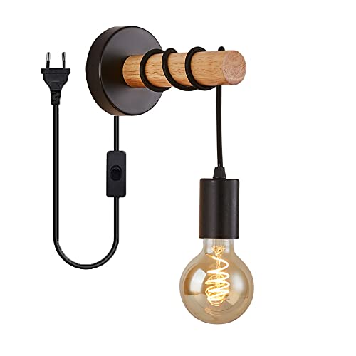 Wandlampe Vintage mit Schalter und Stecker industrielle Wandleuchte aus Metall und Holz Leselampe E27 Nachtlicht Innen Wandstrahler Wandspot Retro für Schlafzimmer Wohnzimmer Flur Küche (Schwarz) von Chao Zan