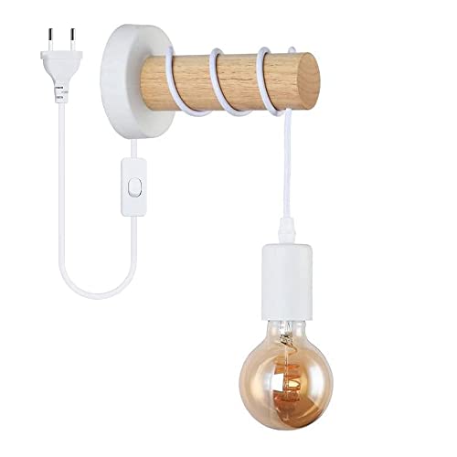 Wandlampe Vintage mit Schalter und Stecker industrielle Wandleuchte aus Metall und Holz Leselampe E27 Nachtlicht Innen Wandstrahler Wandspot Retro für Schlafzimmer Wohnzimmer Flur Küche (Weiß) von Chao Zan