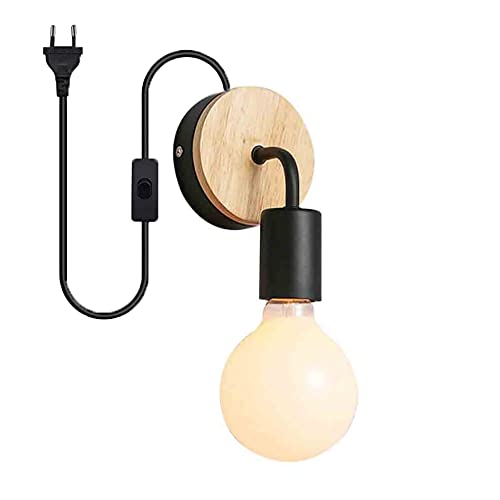 Wandleuchte Industrial Modern, Schwarze Wandlampe, Wandlampe aus Massivholz, Retro-Wandlampe, Schmiedeeiserne Retro-Wandleuchte, mit Stecker Schalter E27 Schlafzimmer Wohnzimmer Korridor (Schwarz) von Chao Zan