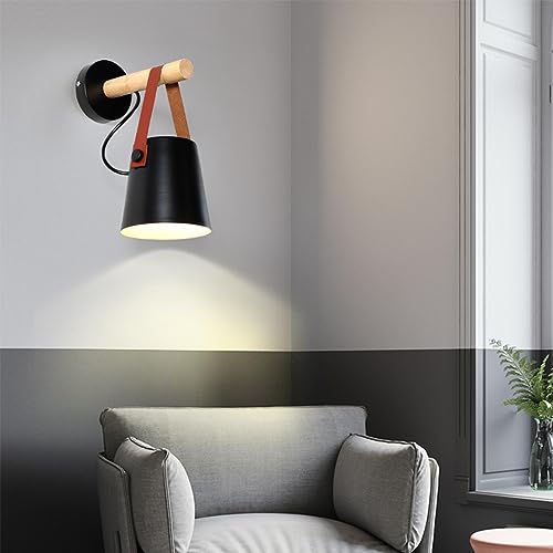 Wandleuchte Innen, Wandleuchte Holz Vintage E27, Retro Industrial Wandlampen aus Schwarz Metall Wandbeleuchtung Leselampe Eisen Wand Strahler Wandspot für Schlafzimmer Wohnzimmer Flur (schwarz) von Chao Zan