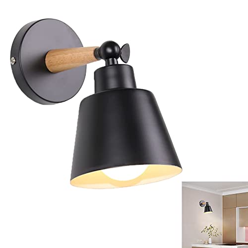 Wandleuchte Moderne, Wandlampe aus Metall und Holz Deko Verstellbarer Wandstrahler E27 Fassung Innen Wandlampe nordisch Lampenschirm für Schlafzimmer Wohnzimmer Korridor Küche Esszimmer (Schwarz) von Chao Zan