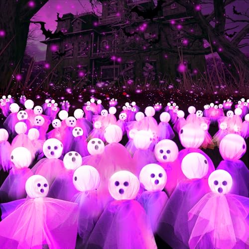 2 Stück Halloween Deko Outdoor Licht, 12 LED Geister Deko, Solar Wasserdicht Firefly Gartenlichter, Solarlampen für Außen Garten Rasen Gehwege Party Terrasse Hof (Lila) von Chaohua