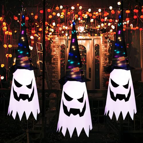 3 Stück Halloween Deko Outdoor, 80CM Halloween Geist Dekoration Garten mit Hexenhut, Lichterkette Fliegende Geisterhüte mit 14 LED Lichtern für Party Horror Terrasse Baum Veranda Deko von Chaohua