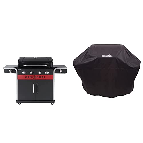 Char-Broil Gas2Coal 440 (2.0) Hybrid Grill - 4 - Brenner Gas & Kohlegrill mit Seitenbrenner, Schwarz & 140766 - Universal Wetterschutzhaube für 3 & 4-Brenner-Gasgrill von Char-Broil