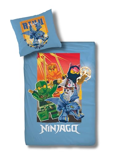 Bettwäsche 135x200, Lego Ninjago Lloyd, Sora, Arin und Drache Riyu, 100% Baumwolle, Reißverschluss, 1x Kissenbezug 80x80 + Bettbezug 135x200, Kinderbettwäsche Serie -Aufstieg der Drachen- Fanartikel von Character World