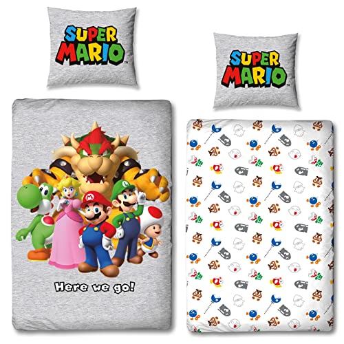 Character World Bettwäsche Super Mario 135x200 + 80x80 deutsche Größe · Nintendo · Mario Luigi & Friends 100% Baumwolle Teenager Kinder-Bettwäsche von Character World