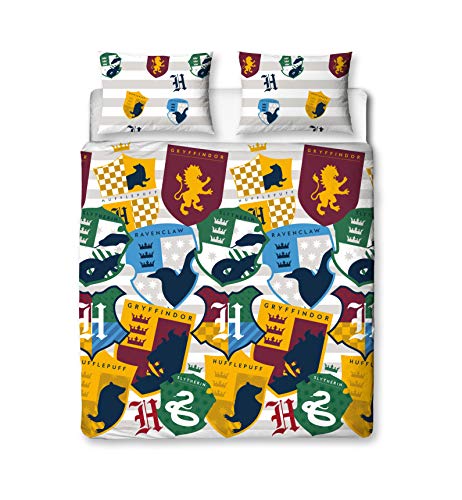 Character World Harry Potter Bettbezug, offizielles Lizenzprodukt, wendbar, zweiseitig, Hausaufkleber, Design mit passendem Kissenbezug, Polyester, Grau (Doppelbett) von Character World