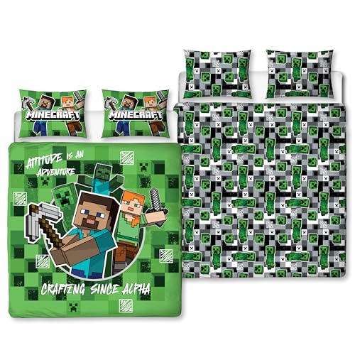 Character World Minecraft Offizielles Bettwäsche-Set für Doppelbett, Blockkaro, Gaming-Design, wendbar, 2-seitige Bettwäsche, inkl. passenden Kissenbezügen, Doppelbett-Set von Character World