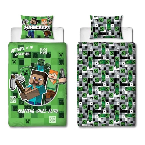 Character World Minecraft Offizielles Bettwäsche-Set für Einzelbett, Blockkaro, Gaming-Design, wendbar, 2-seitig, inkl. passendem Kissenbezug, Einzelbett-Set von Character World