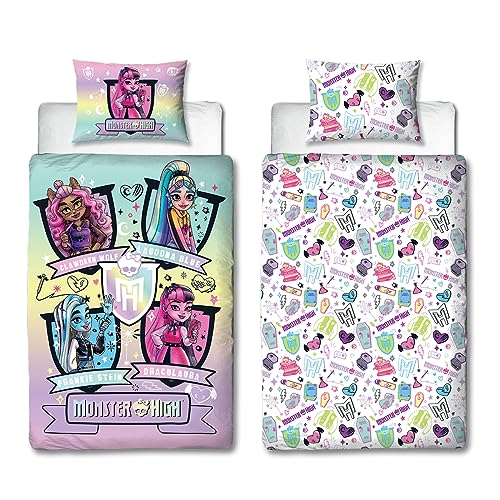 Character World Monster High Bettwäsche-Set für Einzelbett, offizielles Lizenzprodukt, wendbar, zweiseitig, inklusive passendem Kissenbezug, perfekt für Kinderzimmer, Polycotton von Character World