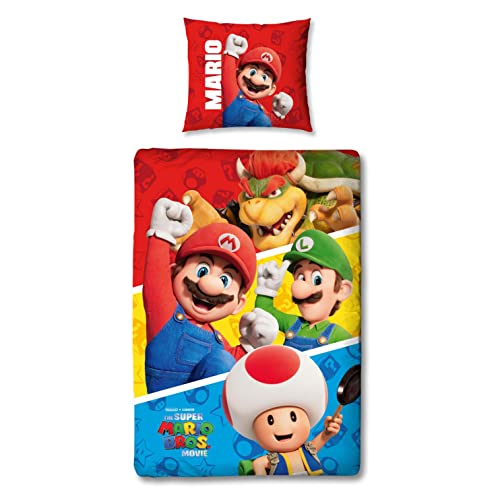 Character World Nintendo Super Mario Movie Offizielles Einzelbett-Bettbezug-Set | Jump-Design wendbare 2-seitige Bettwäsche inklusive passendem Kissenbezug | Deutsche Größe Einzelbett-Set | Polycotton von Character World