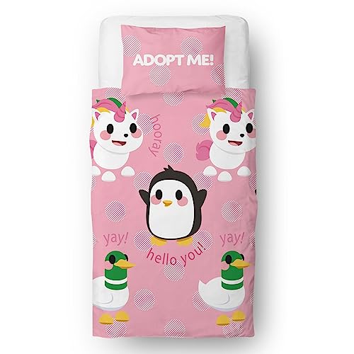 Character World Offizielles Adopt Me Bettwäsche-Set für Einzelbett, Umarmungs-Design mit Pinguin, Einhorn und Ente, wendbar, 2-seitig, inklusive passendem Kissenbezug, Einzelbett-Set von Character World