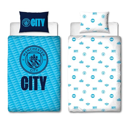 Manchester City FC Character World Offizielles Bettwäsche-Set für Einzelbett, Crestcol-Design, wendbar, 2-seitig, Fußball-Bettwäsche, offizielles Merchandise-Produkt, inkl. passendem Kissenbezug von Manchester City FC