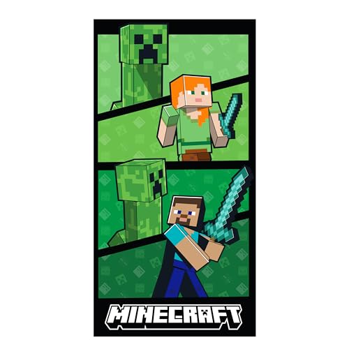 Character World Offizielles Minecraft-Handtuch, superweiches Gefühl, Creepers, Alex und Steve Gaming-Design, perfekt für Zuhause, Bad, Strand und Schwimmbad, Einheitsgröße, 140 x 70 cm von Character World