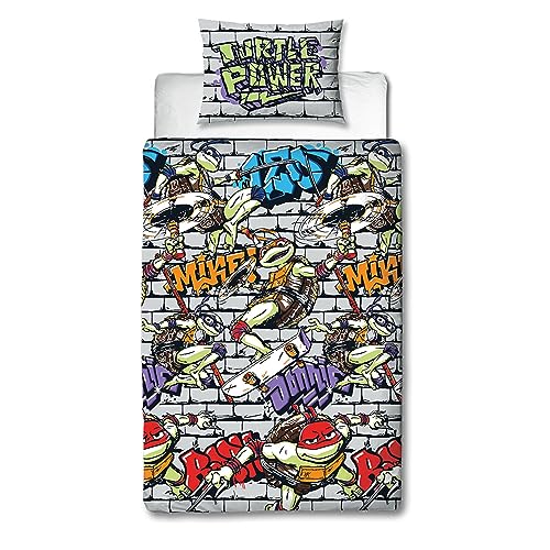 Character World Offizielles Teenage Mutant Ninja Turtles Bettwäsche-Set für Einzelbett, Power-Design, wendbar, zweiseitig, inklusive passendem Kissenbezug, TNMT Einzelbettwäsche-Set von Character World