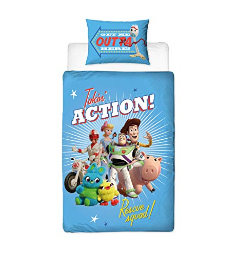 Character World Offizielles Toy Story 4 Einzelbett-Bettbezug, Rescue-Design, wendbar, zweiseitig, Bettbezug mit Woody & Buzz Lightyear mit passendem Kissenbezug von Character World