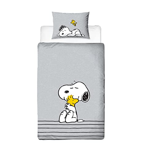 Character World Peanuts Snoopy Einzelbettbezug, offizielles Lizenzprodukt, wendbar, zweiseitiges Schlummerdesign mit passendem Kissenbezug, Polycotton, Grau von Character World