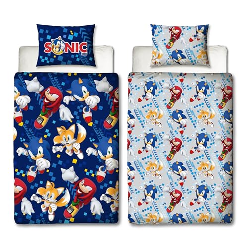 Character World Sonic The Hedgehog Offizielles Bettwäsche-Set für Einzelbett, Bounce-Design, wendbar, 2-seitig, inkl. passendem Kissenbezug, Gaming-Einzelbett-Set, Blau von Character World