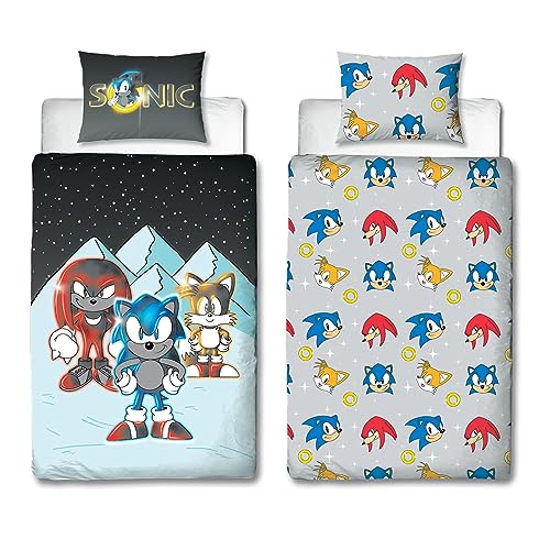 Character World Sonic The Hedgehog Offizielles Bettwäsche-Set für Einzelbett, Schnee-Design, wendbar, 2-seitiger Bettbezug, offizielles Merchandise-Produkt, inklusive passendem Kissenbezug, von Character World