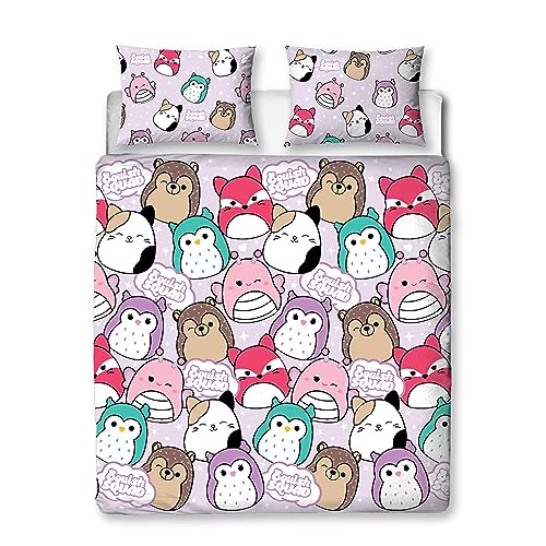 Character World Squishmallows Offizielles Bettwäsche-Set für Doppelbett, helles Design, wendbar, zweiseitig, Squish Squad Bettbezug, offizielles Merchandise-Produkt, inklusive passender Kissenbezüge von Character World