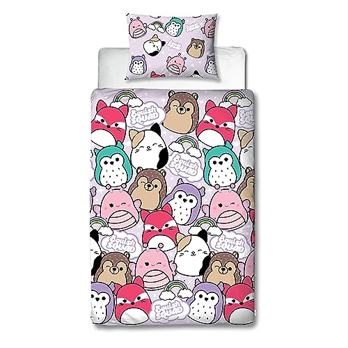 Character World Squishmallows Offizielles Bettwäsche-Set für Einzelbett, helles Design, wendbar, 2-seitig, Squish Squad Bettbezug, offizielles Lizenzprodukt, inklusive passendem Kissenbezug von Character World