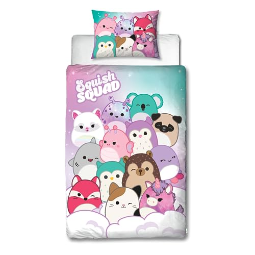 Character World Squishmallows Bettbezug-Set für Einzelbett, offizielles Lizenzprodukt, helles Design, wendbar, 2-seitig, mit passendem Kissenbezug, perfekt für Kinderzimmer, Polycotton von Character World