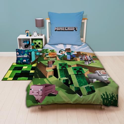 Character World Wende Bettwäsche-Set Minecraft, 135x200cm + 80x80cm, 100% Baumwolle, grün Motiv Craft Blöcke TNT und Spitzhacke Battle, Mehrfarbig von Character World