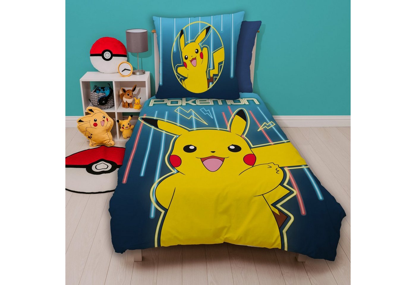 Kinderbettwäsche Pokemon Glow" 135x200 80x80 cm aus 100% Baumwolle mit Reißverschluss, Familando, Renforcé, 2 teilig, mit Pikachu und Pokebällen" von Familando