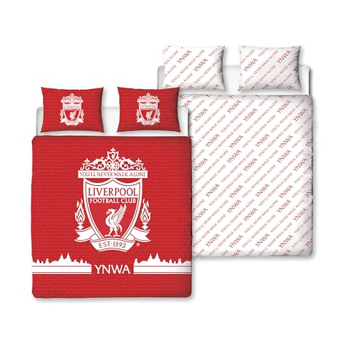 Character World Liverpool FC Offizielles Doppel-Bettwäsche-Set, Farbdesign, wendbar, 2-seitig, Fußball-Bettwäsche, offizielles Merchandise-Produkt, inklusive passenden Kissenbezügen von Character World