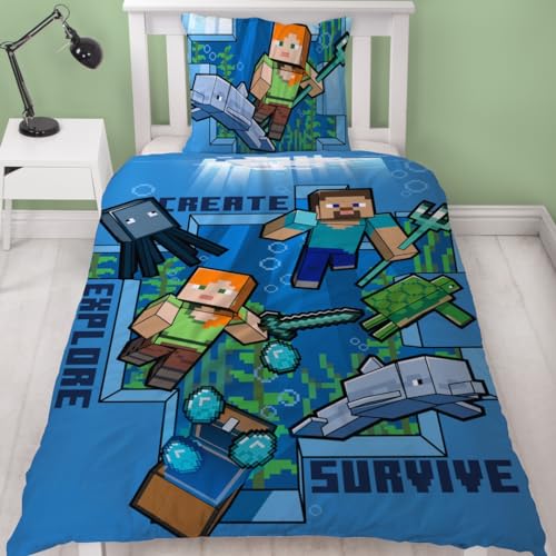 Minecraft Bettwäsche Kinderbettwäsche Jugendbettwäsche 135x200 · Unterwasserwelt · Wende Motiv · Kissenbezug 80x80 + Bettbezug 135x200 cm · 100% Baumwolle · deutsche Größe von Character World