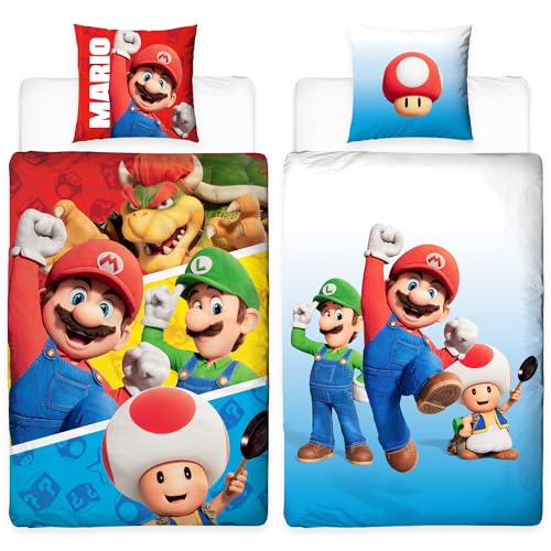 NINTENDO Super Mario Kinder Bettwäsche Wende Motiv - Kissenbezug 80x80 + Bettbezug 135x200 cm - 100 % Baumwolle - NEU von Character World