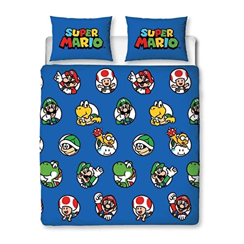Nintendo Super Mario Offizielles Bettbezug-Set für Doppelbett, Continue Design, blau, wendbar, zweiseitig, Bettbezug, offizieller Merchandise-Artikel inklusive passenden Kissenbezügen von Character World