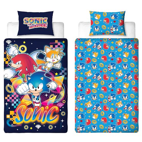 Character World Offiziell Lizenziertes Sonic The Hedgehog Wende-Bettwäsche-Set, wendbar, mit Schwänzen und Knöcheln, mit passendem Kissenbezug, ideal für Kinderzimmer von Character World