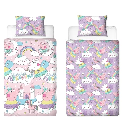 Peppa Pig Offizielles Bettwäsche-Set für Einzelbett, Bedtime-Design, wendbar, 2-seitig, rosa und lila, inkl. passendem Kissenbezug Peppa Pig Offizielles Bettwäsche-Set für Einzelbett, Bedtime-Design, wendbar, 2-seitig, rosa und lila, inkl. passendem Kissenbezug von Character World